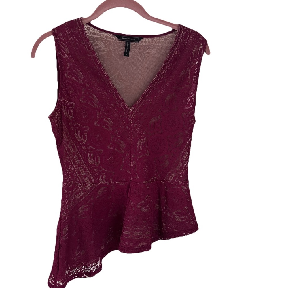 BCBGMAXAZRIA Avalon Lace Top Peplum Asymmetrical Hem Feminine Coquette Going Out - Picture 2 of 6